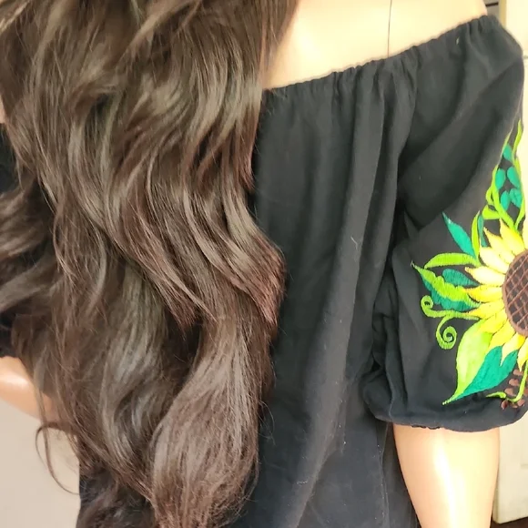 Women's off Shoulder Mexican Embroidered Black Blouse Top Size Large - Picture 6 of 6